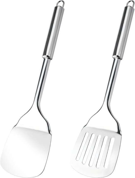 Spatelset, sleufspatel, roestvrij staal, lange steel met praktisch oogje, robuuste keukenspatel met hoge hittebestendigheid, vaatwasmachinebestendig (33 + 34,5 cm, zilver)