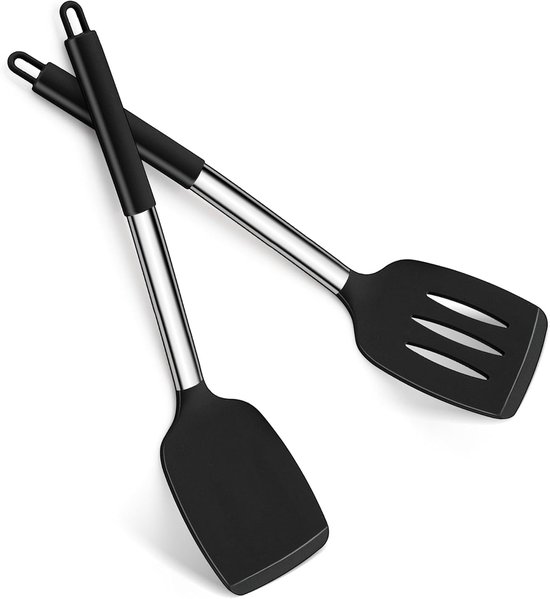 Spatelset, spatelset met handvat van roestvrij staal, hittebestendig keukengerei voor koken, bakken, draaien, vaatwasmachinebestendig - zwart
