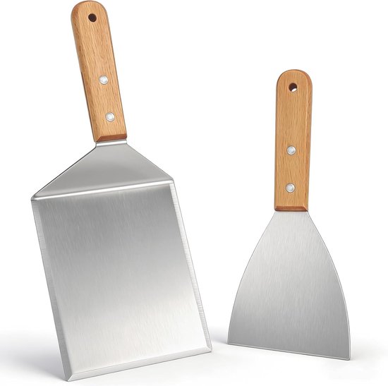 Spatelset van roestvrij staal, pannenwender spatel met houten handgrepen voor burgerpers Teppanyaki Barbecue Steak Teppanyaki accessoires