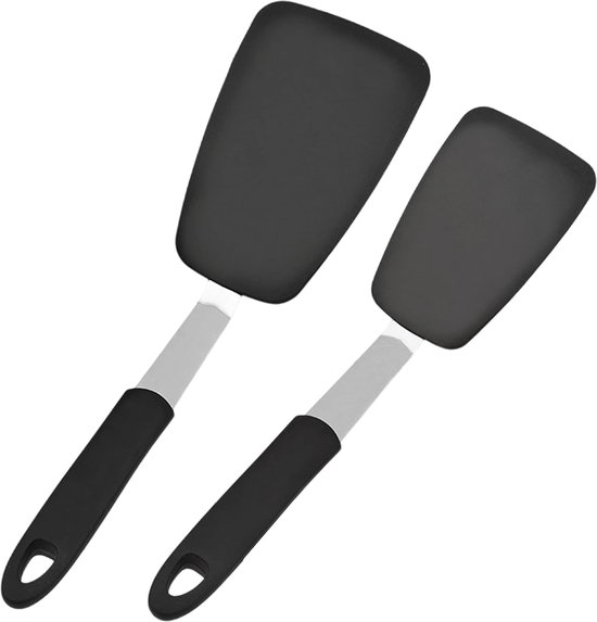 Spatelset, zachte siliconen, met stalen kern voor pan met antiaanbaklaag, hittebestendig, 230 °C, voor omelet, biefstuk, pannenkoekdeeg (zwart)