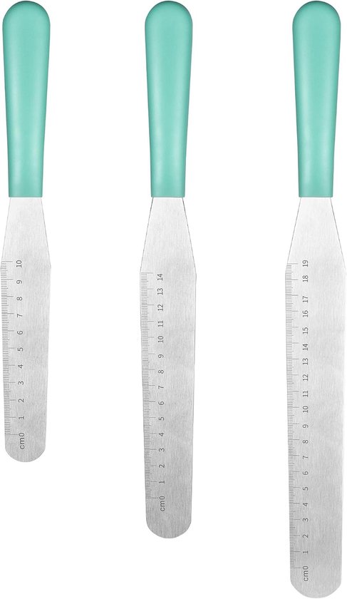 Spatelset,430 Roestvrij Staal Oppervlak (3 Stuks,Aqua) | 5/20/25 cm Taart Paletmessen Platte Decoratie Spatels Met Houder RVS Mes Glazuur, Verdelen, Frosting Taart Voor Het Bakken