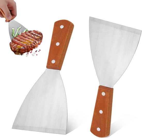 Spatel,Steak Spatel Rvs Brede Platte Non-stick Vis Ei Grill Schraper Met Houten Handvat Voor Thuis Keuken BBQ Grill
