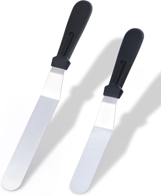 Spatula Set 2 Stuks – Offset Spatula/Paletmes RVS 15cm & 20cm, Schuin Hoekpalet Taartspatel met Antislip Handgreep, voor Glazuur, Botercrème, Fondant en Taart Decoreren