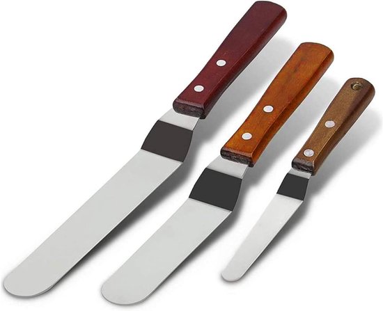 Spatula Set, 3 Stuks, Roestvrijstalen Glazuur, Houten Handgreep, Hoornschuine Ijsspatel, Bakpalette, Spatel, Hoornschuine Cakeverdeler, Hoornschuine Palette, Taartglazuurmes