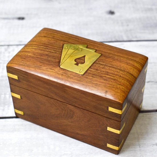 Speelkaarten Dubbel Deck Houder Opbergdoos Handgemaakte Houten Decoratieve Koffer met Messing Aas Ontwerp 2 Pakken Kaarten Organizer