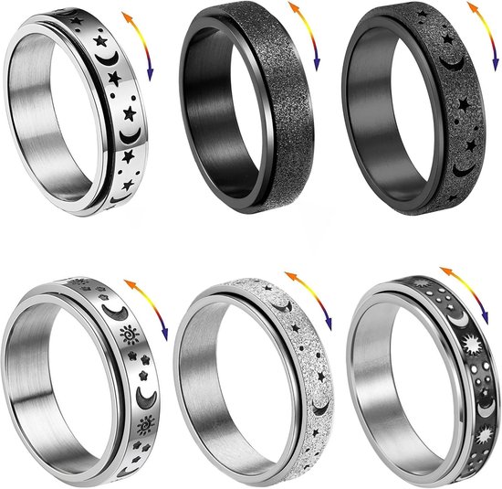 Spinner Ring voor Angst - 6-delige Rvs Spinner Ringen - Ster en Maan Design - Voor Stijl en Ontspanning - ShopVlot