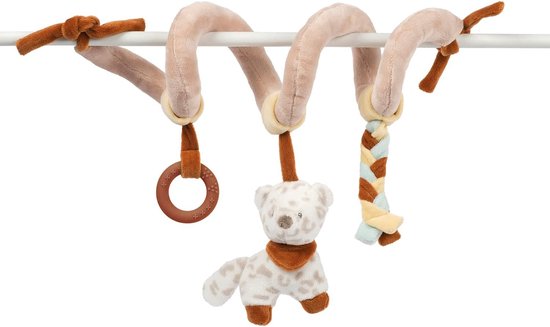 Spiraal, Sneeuwluipaard Jungo, met rammelaar en siliconen ring, 60 cm, veganistisch, Boris & Jungo, beige