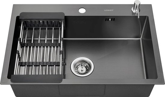 Spoelbak zwart 68 x 45 cm, XL spoelbak roestvrij staal keukenspoelbak inbouwspoelbak met opvouwbare zeefmand en zeepdispenser, roestvrijstalen keuken wastafel met sifon af- en overloopgarnituur van CECIPA