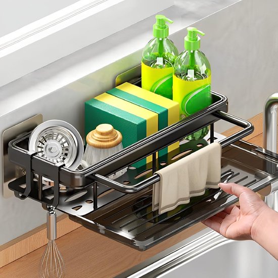 Spoelbakorganizer voor keuken, geen boren, spoelbakorganizer, hangend, sponsenhouder, keuken, roestvrij staal, zwarte spoelbak met doekhouder en haak. van Emco Products