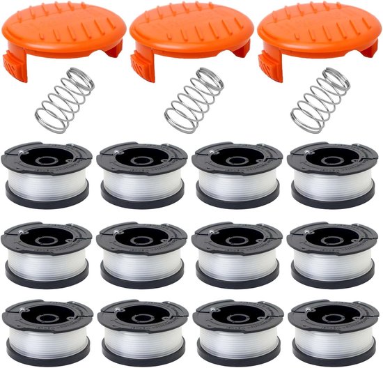 Spoelen, compatibel met Black & Decker grastrimmer, Ø 1,65 mm, 10 m trimmerspoel, bevat 12 reserve trimmerspoelen, 3 reservespoelafdekking en 3 reserveveren