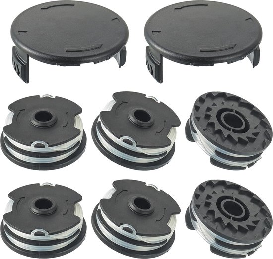 Spoelen met 2 doppen trimmerspoelen vervangende spoelen 2 x 4 m 1,6 mm (6 spoelen + 2 doppen) | Voor LIDL Parkside elektrische en accu grastrimmer PRT 550 A1, A3; PRTA 20-Li A1, B2, C3