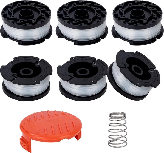 Spoelen voor bosmaaier, 6 stuks nylon spoelen draad en afdekkap en veer voor Black Decker grastrimmer, 1,65 mm diameter, 9,14 m
