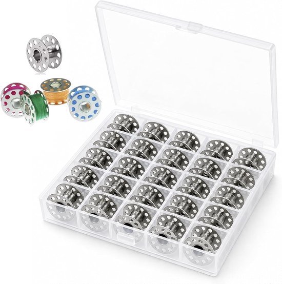 Spoelen voor naaimachine met spoelbox, onderdraadspoelen zilver, 11 × 20 mm, naaimachinespoelen, compatibel met de meeste huishoudelijke naaimachines, voor naaien