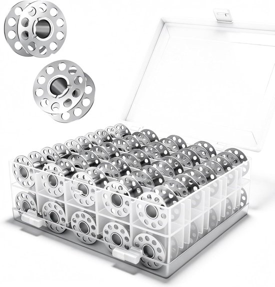 Spoelen voor naaimachine, naaimachinespoelen, accessoires, metalen spoelen in transparante opbergdoos, naaimachinespoelen, metaal, naai-accessoires voor huishouden en handwerk