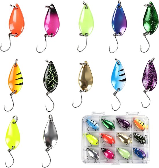 Spoon Set 12 stuks 5g met doos, Spoons Forel - Scherpe enkele haak, natuurlijke aasgeleiding, forelvijver en rustig water