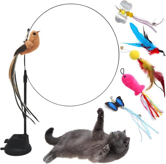 Stabiele kattenhengel met veren, interactief speeltje voor katten, zelfbezigheid en intelligentie, inclusief zuignap en vogels