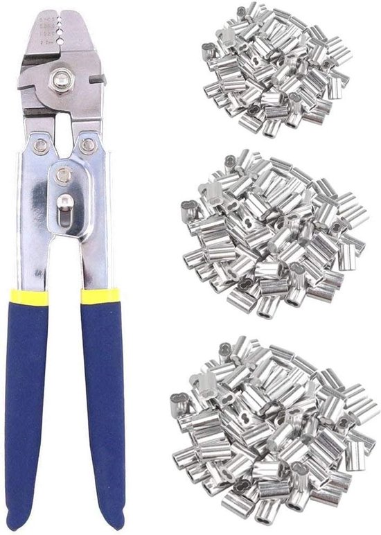 Stalen kabel knijp- en crimp tang voor visserij met 200 stuks aluminium ferrules en lusmoffen