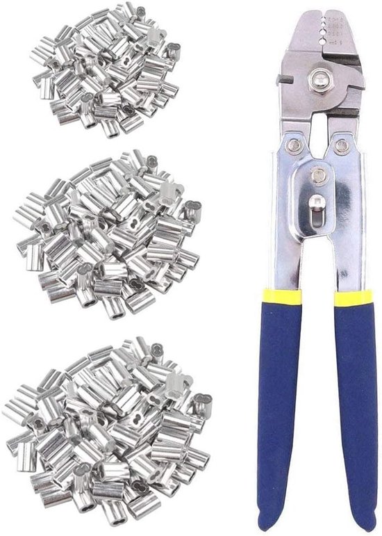 Stalen kabel knijp- en crimpingtangen voor visserij met 200 stuks aluminium ferrules en lusmoffen van Merkloos