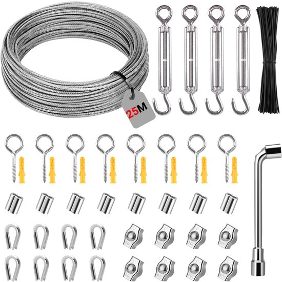 Stalen Staalkabelset 25m 3mm, Staalkabel Met M5 Ogen, Kabelspanner, Spanslot, Spandraad, Pvc-Ommanteld Voor Klimplanten, Hekken, Lichtophanging, Waslijn
