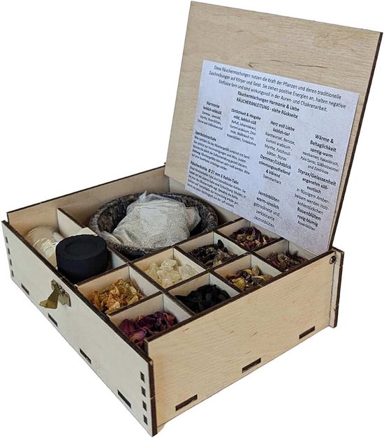 Starterset, 12-delig, accessoires voor beginners, ook geschikt voor wierook + 7 cm rookschaal + rookhoutskool + rookzand + handleiding + 8 verschillende rookkansen voor energie en vertrouwen