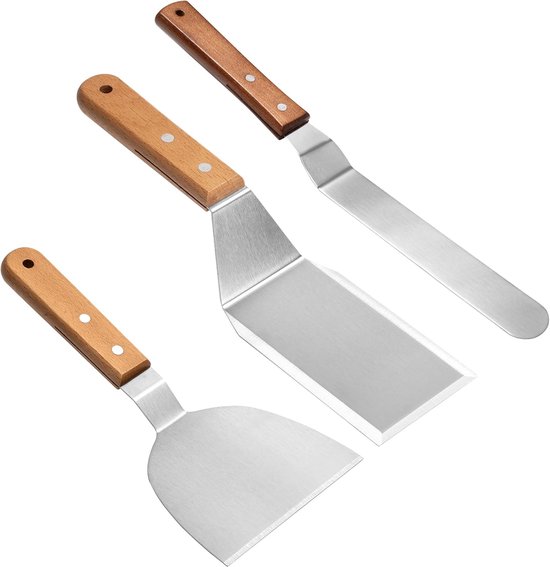 steakspatel en gebogen taartpalet, grillspatel en hoekpalet met houten handgrepen, robuuste metalen spatel voor taartdecoratie, koken en grillen, 3 stuks