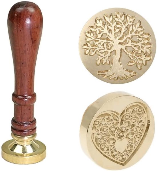 Stempels messing koppen met 1 stuk houten handvat, voor wenskaart, envelop uitnodiging, geschenkverpakking, postbrief stickers (levensboom/hart)