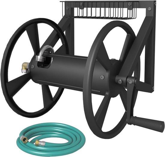 Stevige driehoekige tuinslanghaspel, wandmontage met slinger, voor 38 m slang (5/8") met 119 cm voorslang, messing fitting, opbergmand voor patio & tuin, Zwart
