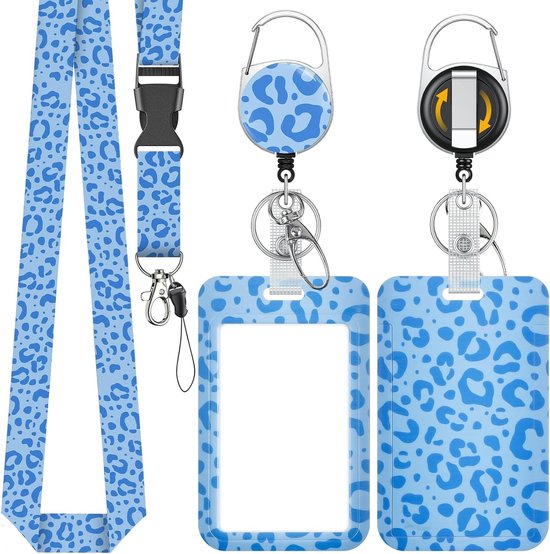 Stijlvolle Badgehouder met Blauwe Luipaardprint, Retractable Reel en Verstelbare Lanyard voor Werk en Onderwijs