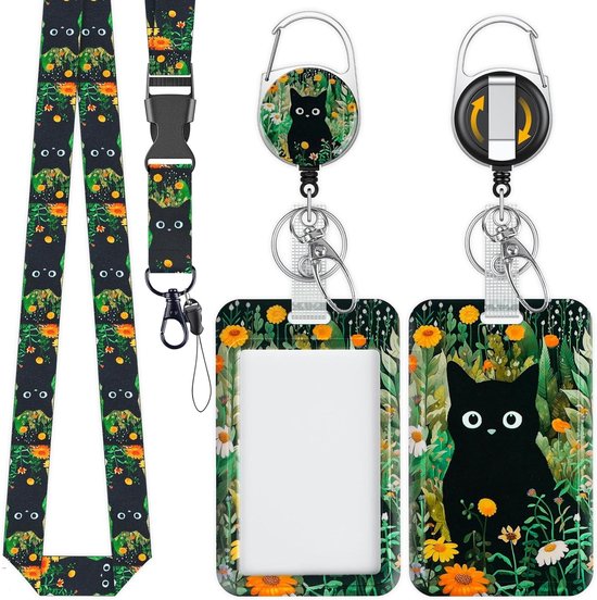 Stijlvolle Badgehouder met Forest Cat Patroon, Uittrekbare Reel en Afneembare Lanyard voor Kantoor, Onderwijs en Evenementen