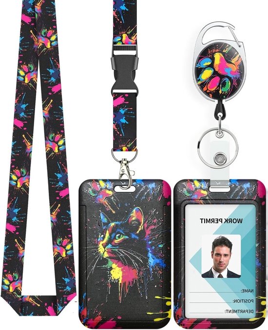 Stijlvolle Badgehouder met Kattenprint en Retractable Reel, Inclusief Lanyard en Carabiner Clip voor Werknemers en Verpleegkundigen van Merkloos