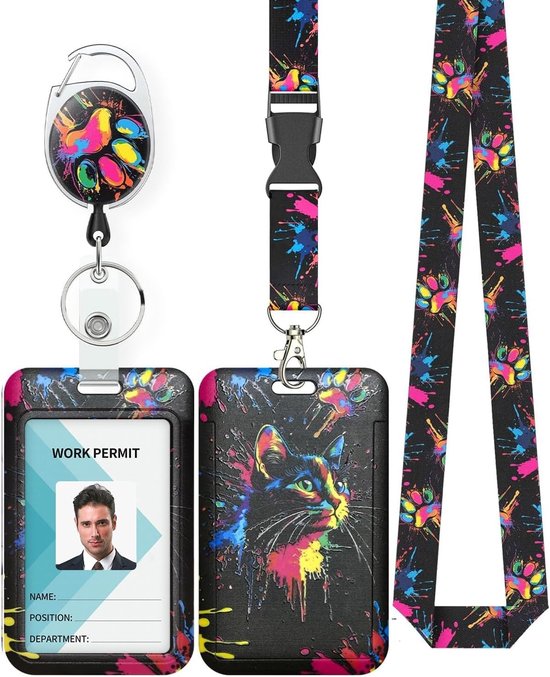 Stijlvolle Badgehouder met Kattenprint en Spatverf, Retractable Reel, Carabiner en Afneembare Lanyard voor Werknemers en Verpleegkundigen