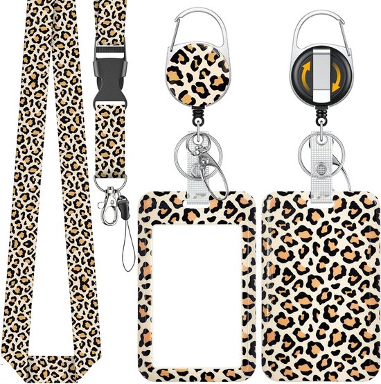 Stijlvolle Badgehouder met Retractable Reel, Carabiner Clip en Afneembare Lanyard - Oranje Luipaardprint, Ideaal voor Identiteitskaarten en Toegangspassen