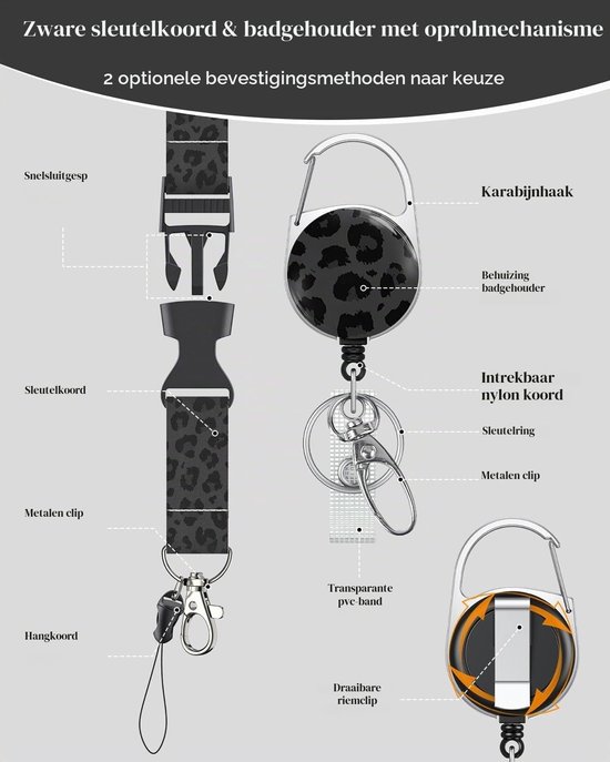 Stijlvolle Badgehouder met Retractable Reel, Carabiner Clip en Afneembare Lanyard voor Werk en Zorgprofessionals - Zwart Luipaardprint