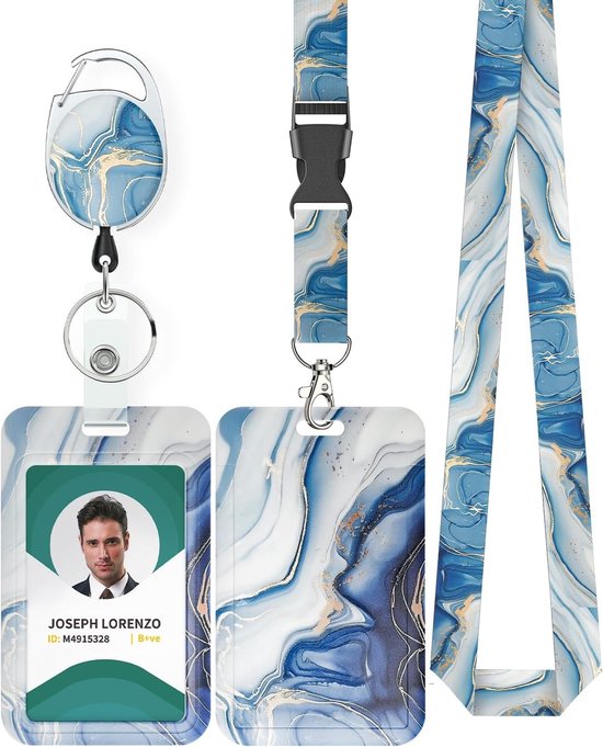 Stijlvolle Badgehouder met Retractable Reel en Afneembare Lanyard - Blauwe Marmerlook, Verticaal Kaartbeschermer voor Identificatie en Toegangspassen