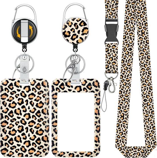 Stijlvolle Badgehouder met Retractable Reel en Carabiner Clip - Oranje Luipaardprint, Bescherming voor Identiteitskaarten en Badges, Handig en Duurzaam van Merkloos