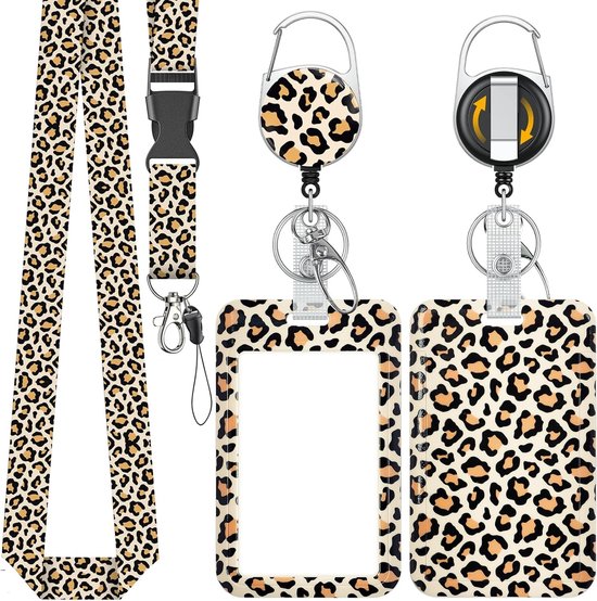 Stijlvolle Badgehouder met Retractable Reel en Carabiner Clip - Oranje Luipaardprint, Verticale Kaartbescherming en Afneembare Lanyard Strap