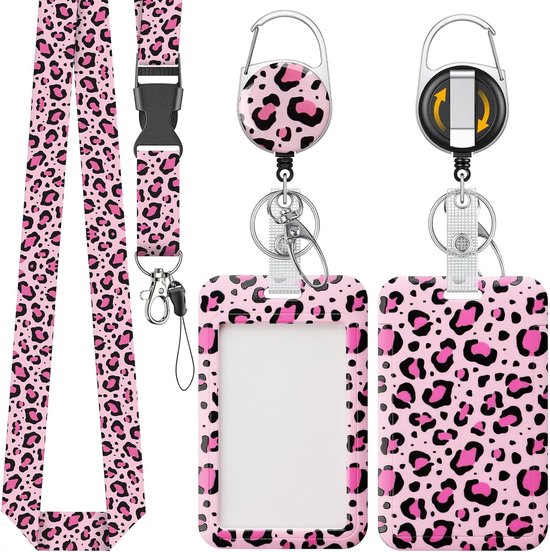 Stijlvolle Badgehouder met Roze Luipaardprint, Retractable Reel en Afneembare Lanyard voor Kantoor, Onderwijs en Evenementen