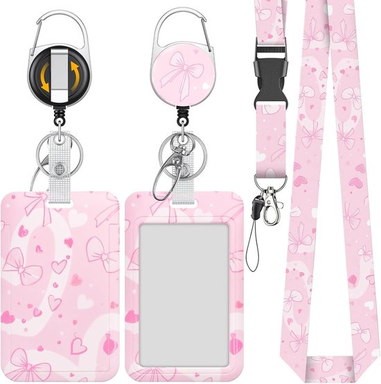 Stijlvolle Badgehouder met Schuifmechanisme en Schattige Hartpatroon, Inclusief Retractable Reel en Afneembare Lanyard voor Verticale Kaarten van Merkloos