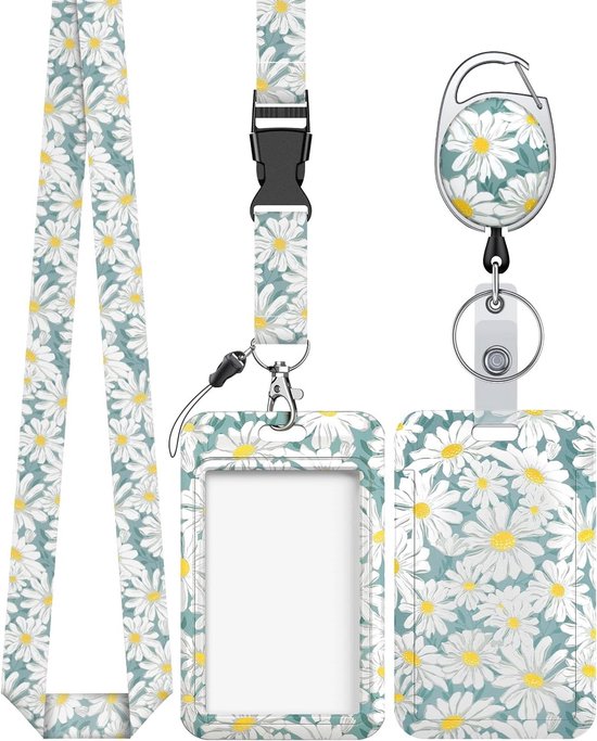 Stijlvolle Badgehouder met Witte Bloemenprint, Retractable Reel, Carabiner Clip en Afneembare Lanyard voor Vrouwen, Verpleegkundigen en Studenten