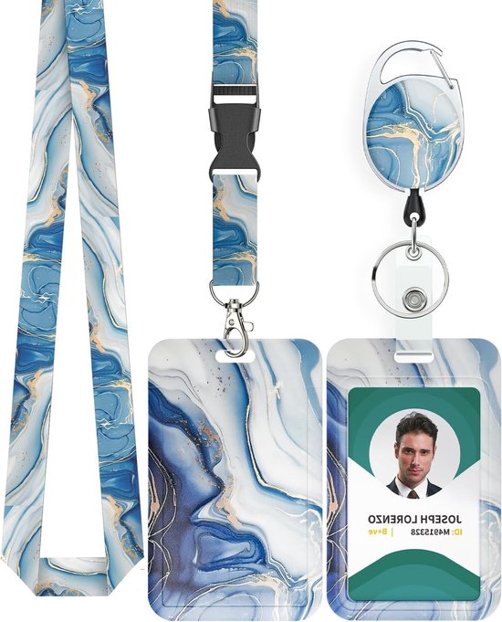 Stijlvolle Blauwe Marmer Badgehouder met Retractable Reel en Afneembare Lanyard voor Verticale Kaarten van Merkloos
