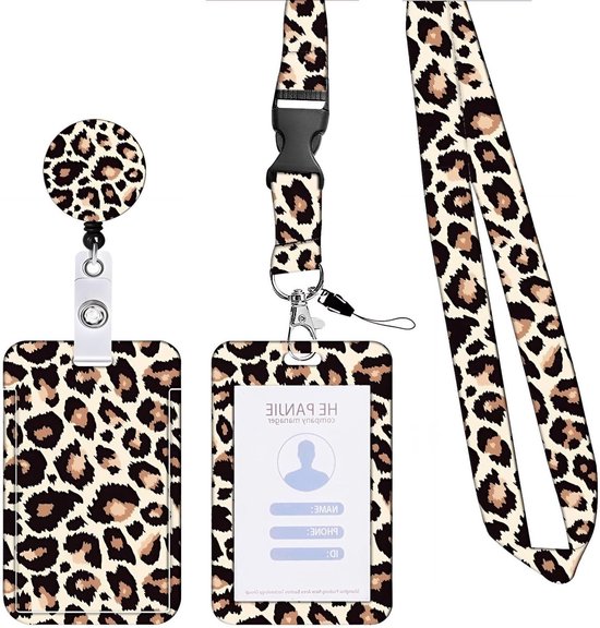 Stijlvolle ID-kaarthouder met luipaardprint, retractable badge reel en afneembare koord voor bescherming van kaarten, ideaal voor kantoormedewerkers, verpleegkundigen en studenten