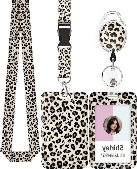 Stijlvolle Leopard Badgehouder met Retractable Reel, Carabiner Clip en Afneembare Lanyard voor Werknemers, Verpleegkundigen en Leraren van Merkloos