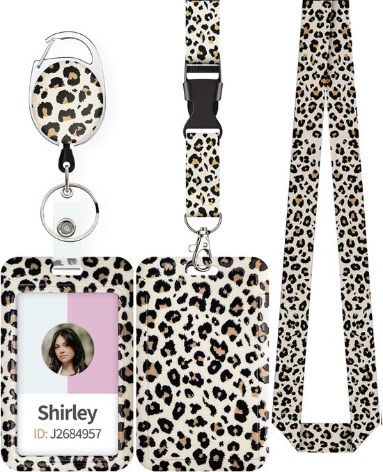 Stijlvolle Leopard Badgehouder met Retractable Reel, Carabiner en Afneembare Lanyard voor Werknemers, Verpleegkundigen en Leraren