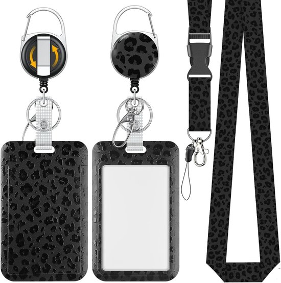 Stijlvolle Zwart Luipaard Print Badgehouder met Retractable Reel en Afneembare Lanyard voor Kantoor, Onderwijs en Evenementen van Merkloos