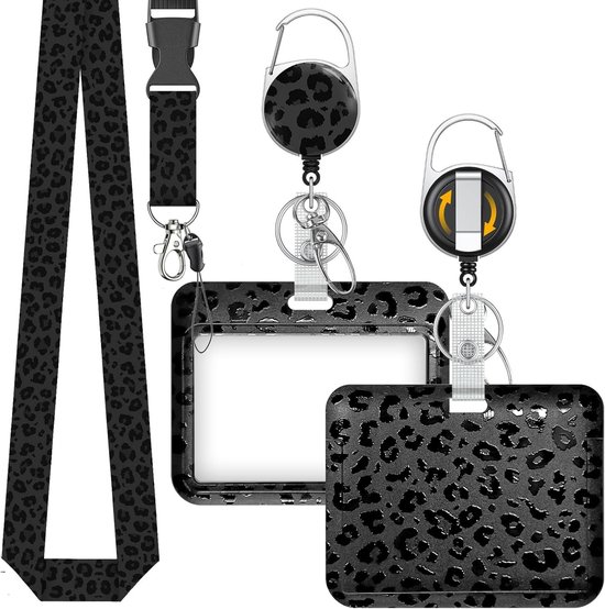 Stijlvolle Zwarte Luipaardprint Badgehouder met Retractable Reel, Carabiner Clip en Afneembare Lanyard voor Werknemers en Verpleegkundigen