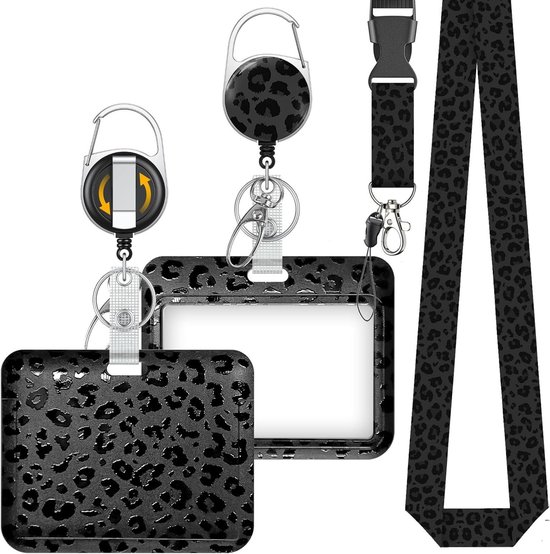 Stijlvolle Zwarte Luipaardprint Badgehouder met Retractable Reel, Carabiner en Afneembare Lanyard voor Werknemers en Zorgprofessionals van Merkloos
