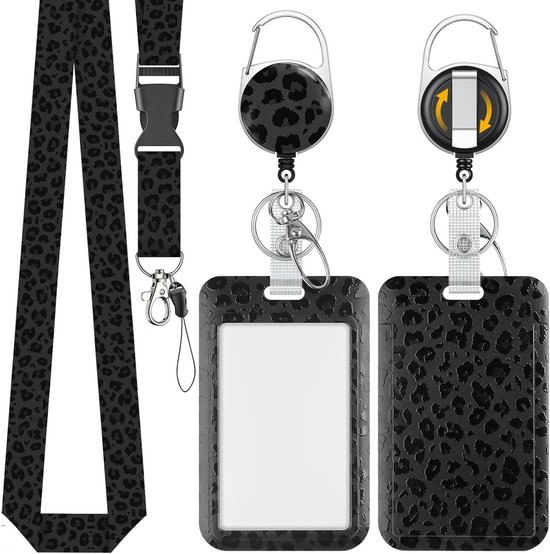 Stijlvolle Zwarte Luipaardprint Badgehouder met Retractable Reel en Afneembare Lanyard voor Kantoor en Onderwijs