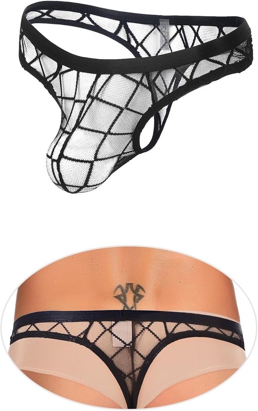 string voor heren, erotisch, warm, transparant, slip, grote maat, jockstrap van tule, mini-stringue tanga, taille, laag, ondergoed, kant, sissy, ondeugende lingerie, zwart, outfit