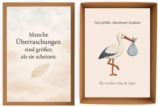 Stülpbox voor zwangerschapsverkondiging, cadeau voor aanstaande grootouders, familie en vrienden, met ooievaarfiguur en boodschapskaart, 6 varianten (oma en opa)