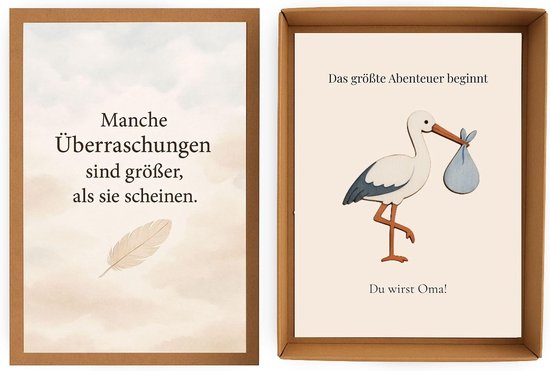 Stülpbox voor zwangerschapsverkondiging, cadeau voor aanstaande grootouders, familie en vrienden, met ooievaarfiguur en boodschapskaart, 6 varianten (oma)
